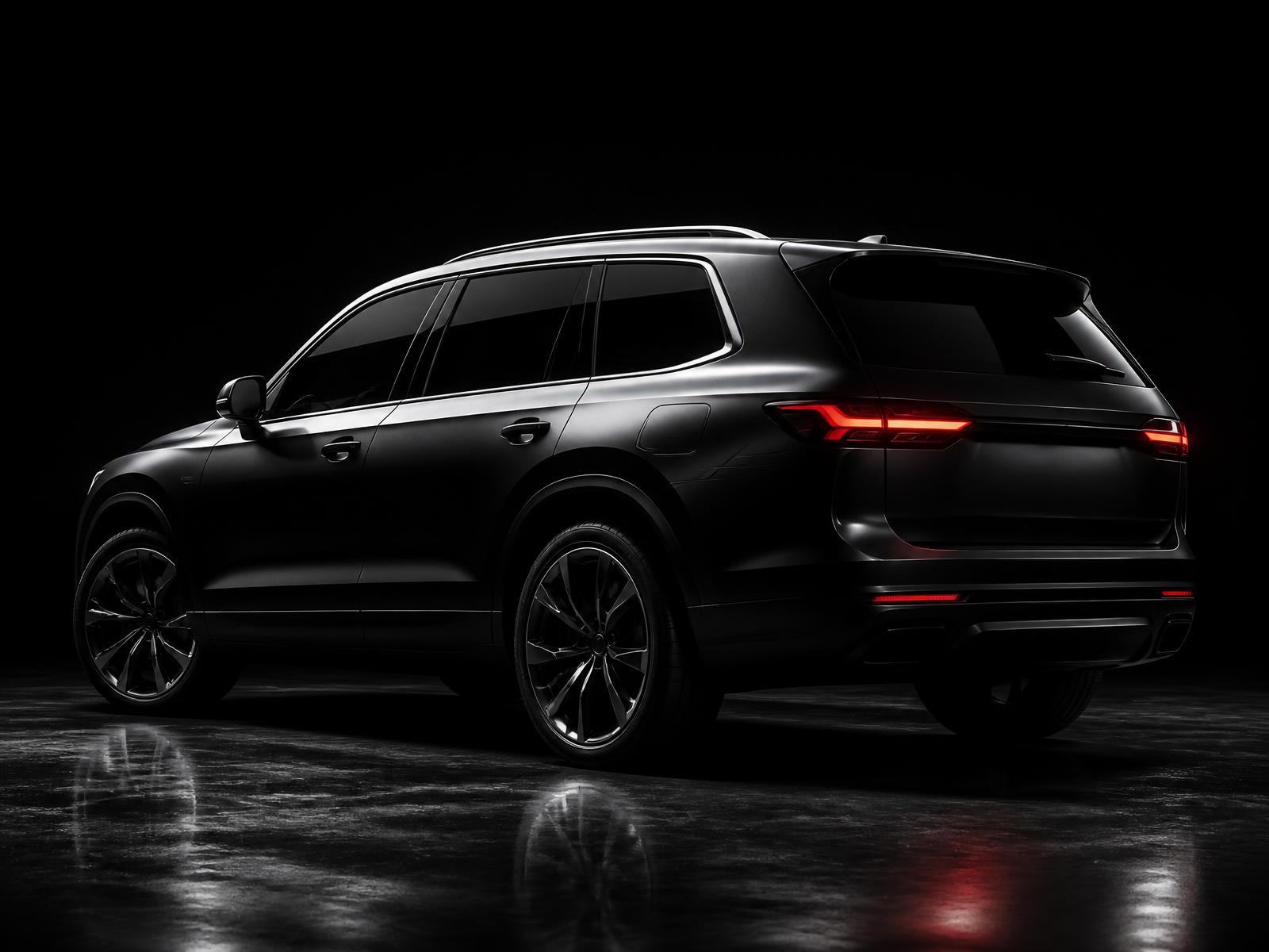 Dark luxury SUV in a low-lit studio